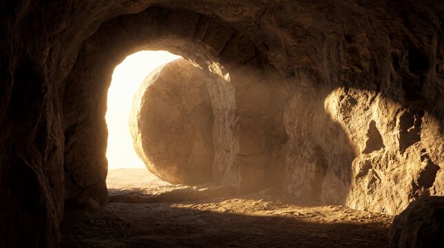 Empty tomb entrance with stone rolled away