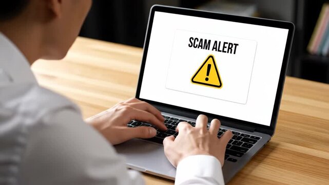 Close-up of man's hands typing on a laptop displaying a scam alert with a yellow warning triangle.