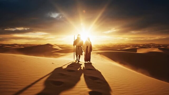 AI genereted video of A biblical couple, a man and woman, on an epic journey through a vast desert landscape, walking towards a divine guiding light on the horizon. A powerful visual concept of faith.