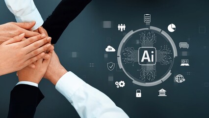 Fototapeta na wymiar Hands of diverse individuals come together to symbolize collaboration and unity in advancing artificial intelligence technology and innovation for the future. Raster