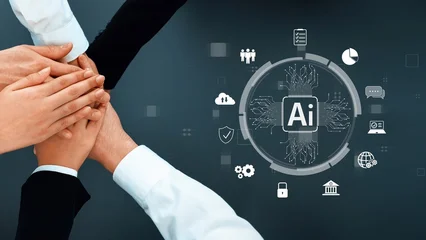 Fotobehang Natuur Park Hands of diverse individuals come together to symbolize collaboration and unity in advancing artificial intelligence technology and innovation for the future. Raster  © InfiniteFlow