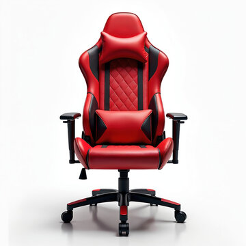 Red gaming chair with black accents sits on white background. Ergonomic design offers comfort for long sessions. Modern furniture for gamers, streamers, office workers.