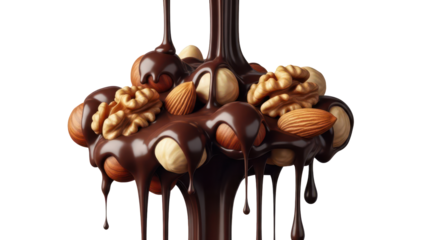 Cluster chocolate with nuts melting isolated transparent background delicious dessert concept for marketingIsolated on white