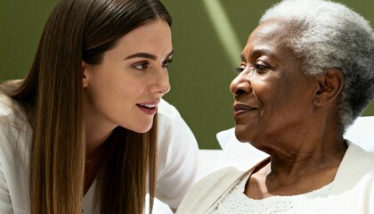 A young female caregiver provides support to an elderly senior woman. Close-up of an intergenerational connection and companionship. Home healthcare for the aged concept