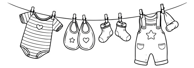 Hand drawn line art baby clothes set featuring a bodysuit, bibs, socks, and an overall for newborns