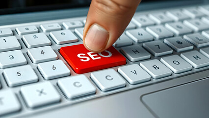 Pressing SEO Red Button &ndash; Search Engine Optimization Concept Keyboard