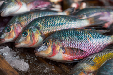 Obraz premium A close-up of freshly caught Malawian Chambo fish, glistening on ice at a bustling lakeside market, emphasizing local cuisine.