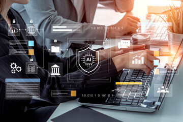 Two business professionals engage in a collaborative technology setting, focusing on AI security and data analytics, reflecting modern workspace dynamics and digital innovation. Gantry