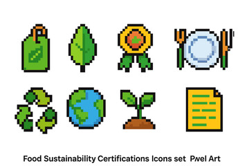 Food sustainability certifications icon set. Pixel art eco-friendly icons collection