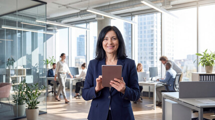 Smiling Businesswoman Using Digital Tablet in Modern Corporate Office with Team in Background