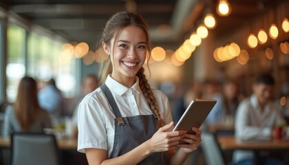 Friendly waitress takes orders on tablet in busy restaurant. Woman in apron smiles, works in hospitality. Modern cafe with blurred diners and warm lights.