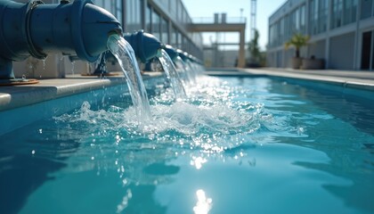 Fototapeta na wymiar Water streams from industrial pipes into clear blue treatment pool. Modern facility processing liquid for purification, sanitation needs. Water system infrastructure management for clean environment.
