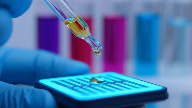 Close up of gloved hand pipetting yellow fluid onto a glowing blue microarray chip with test tubes in background