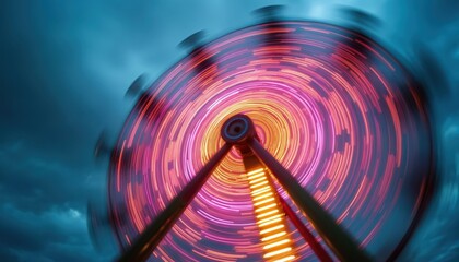 Bright neon lights streak in circular motion on spinning carnival ride against dark cloudy sky. Abstract lines of pink orange, yellow form vibrant vortex of light, energy. Dynamic amusement park