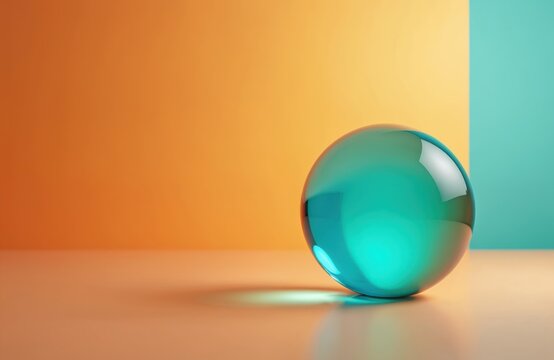 Bright turquoise glass sphere rests on flat surface. Warm orange and cool blue background create color contrast. Minimalist clean studio lighting highlights object smooth shape. - Powered by Adobe