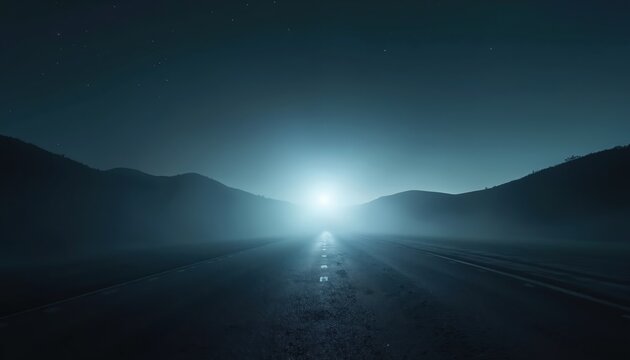 Empty road at night with bright light ahead. Dark hills flank asphalt path under starry sky. Fog obscures distance. Mystical journey concept.