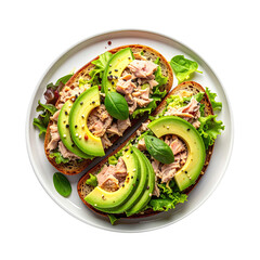 Plate of Tuna Salad with Avocado on Wheat Bread  Isolated on a Transparent Background
