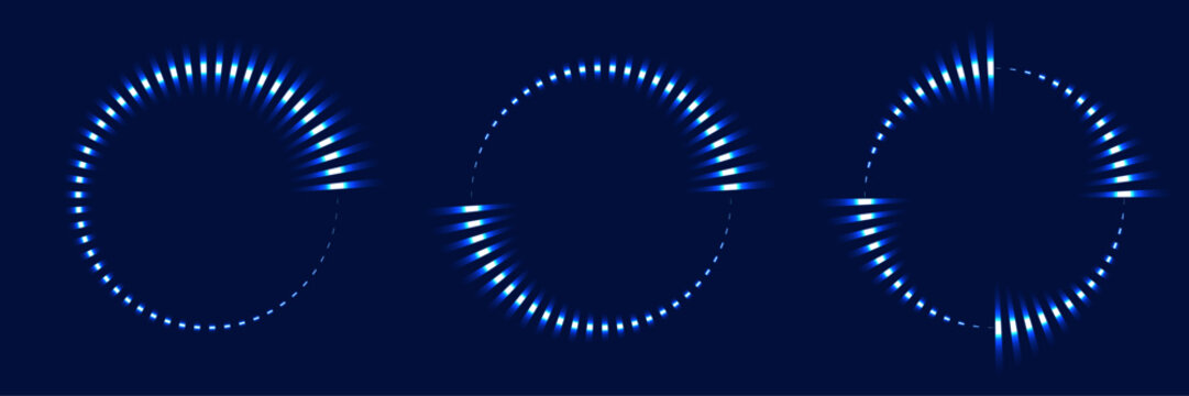 Sound pulsation circles set. Futuristic circular loading or progress indicators. Blue glowing HUD elements on a dark background. Vector design element