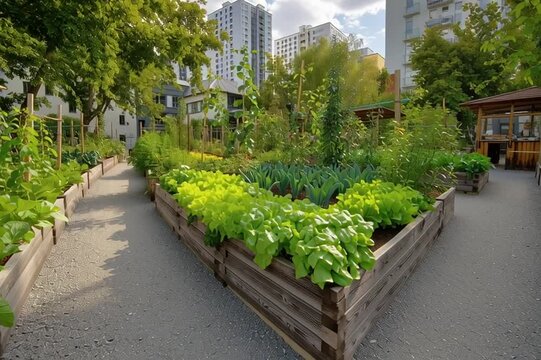 View of urban community garden. There are beds, on which greens, lettuce, beans, green and purple cabbage, red tomatoes and peppers and other veggies.