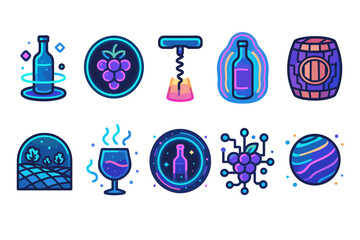 Wine and vineyard icon set. Flat style of wine bottles, grapes, and barrel illustrations