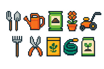 Gardening pixel icon set with tools and plants in flat style