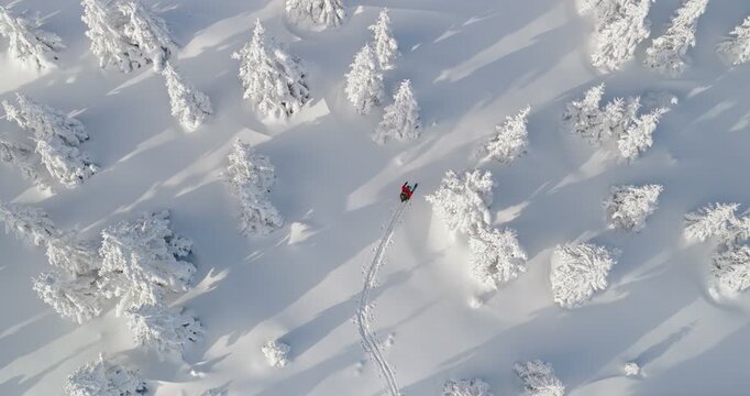 Smooth cinematic flight over a snow covered alpine landscape with a ski mountaineer touring through pristine winter terrain. Peaceful yet adventurous winter scene with deep snow and frosted trees.