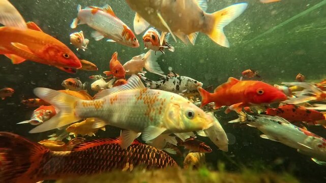 Colorful freshwater fish swim in clear, sunlit water. showcases vibrant aquatic life and the peaceful beauty of a natural habitat.