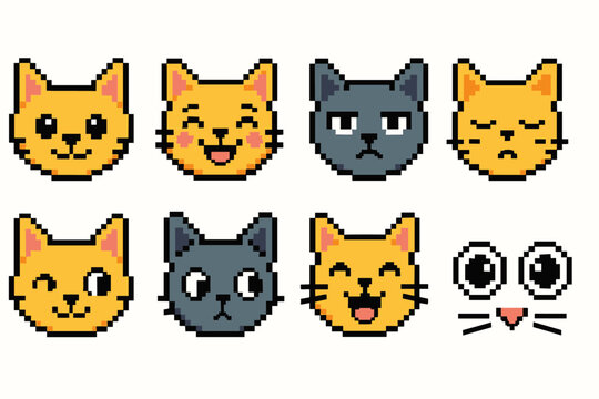 Pixel art cat icon set. Adorable, expressive cat faces in pixel style
