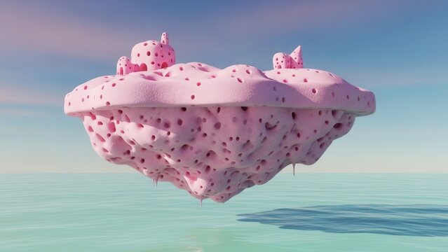 A surreal floating island made of soft, sponge-like material in pastel pink above a mint sea.
