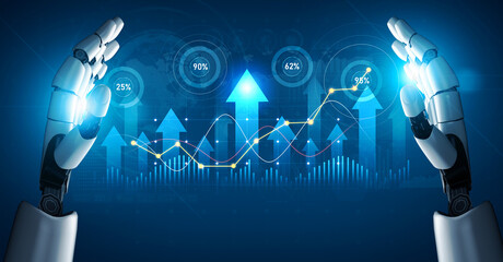 A futuristic representation of robotic hands presenting a digital data visualization, showcasing upward trends and statistical metrics in a financial context. Scalp