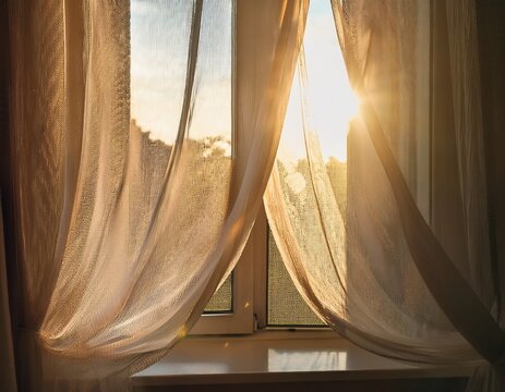 soft morning light through the window with transparent veil curtains calmness vibe vimtage aesthetic