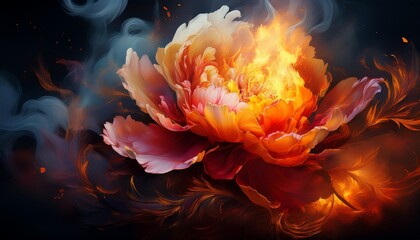 fiery peony bloom contrasts with dark smoke and flickering flames in captivating artwork