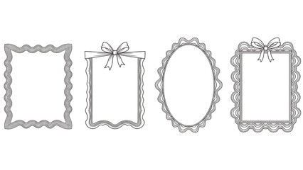 Four decorative photo frames with bows and scalloped edges on white background