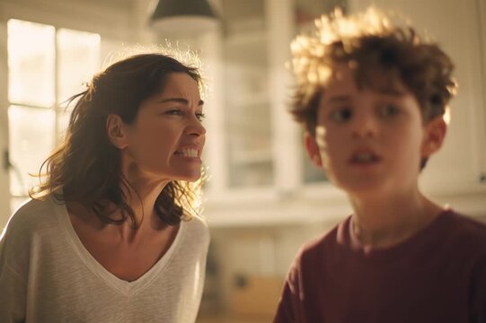 A tired mother stands face to face with her teenage son and swears in frustration. The boy glares at her. There are difficulties in raising teenagers