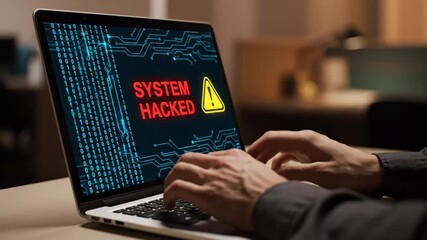 Person's hands typing on a laptop screen that shows a 'System Hacked' warning message.