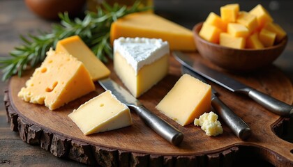 Assortment of gourmet cheeses with knives on a wooden board. Includes cheddar brie and cubed cheese. Rosemary garnish and wooden bowl present.