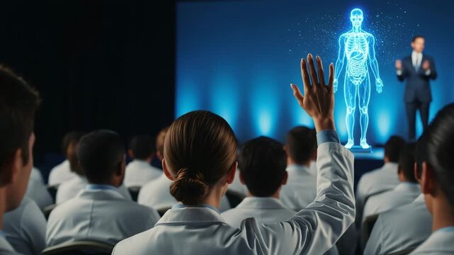 group of doctors at medical symposium participating in professional training with futuristic hologram.