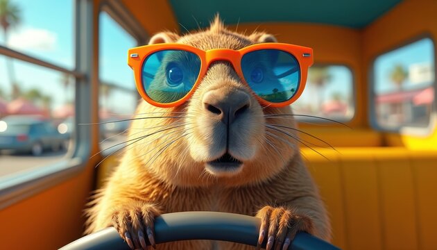 Capybara wearing orange sunglasses drives yellow bus on sunny day. Animal looks forward, holding steering wheel. Palm trees are visible through bus windows suggesting warm climate vacation.