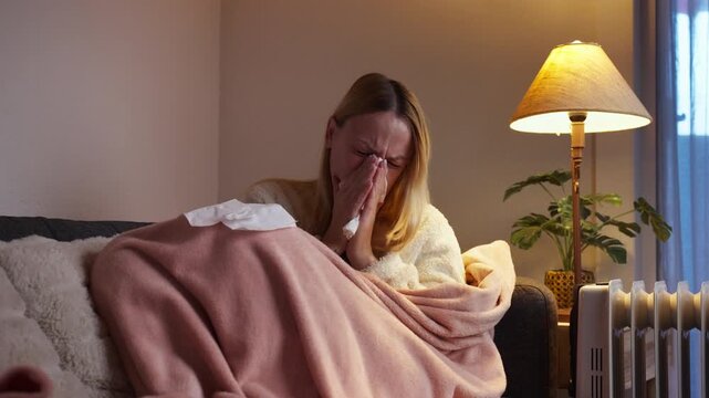 Sickly young woman sit on sofa, wrapped in blanket, wiping nose with tissue, fighting off cold, flu, or seasonal virus in chilly living room affected by an energy crisis.Virus spread,seasonal sickness