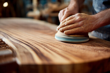 A carpenter sanding down the surface of a table to give it a smooth and refined finish.