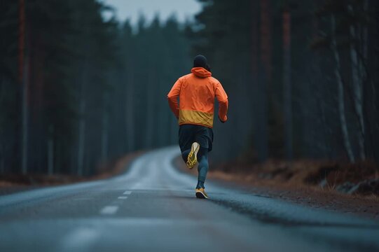 Young black marathoner wearing sport suit runs down a long, empty forest road on winter day