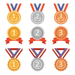 Collection of gold, silver and bronze medals with ribbons for achievements. Set of award icons.