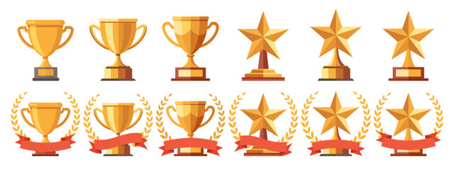 Collection of gold awards trophies and stars with ribbons for achievements. Set of award icons.