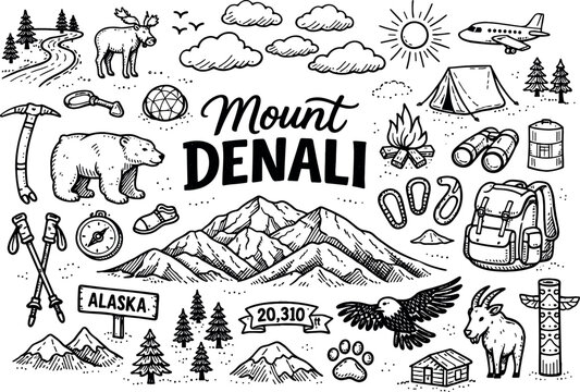 Image Generation. Mount Denali hand drawn doodle elements set, center hand-lettered title, black & white vector line art, bold