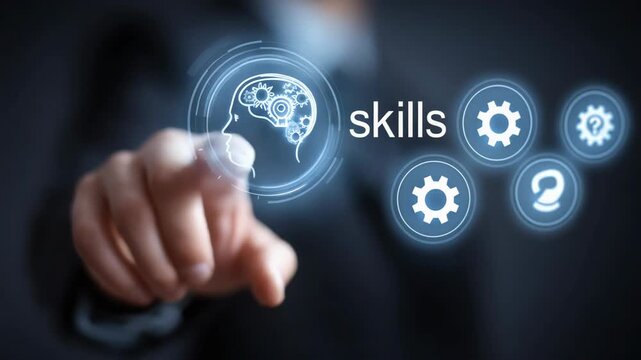 Businessman Touching Virtual Screen with Human Brain and Gears Icon for Skills Development