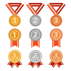 Collection of gold, silver and bronze award medals with ribbons for achievements. Set of award icons.