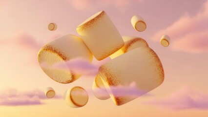 Fototapeta premium A whimsical composition of giant, soft pastel yellow marshmallows floating in a peach sky.