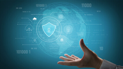 Cyber security interface with biometric and AI-powered protection system. Cyber security secures access, cybersecurity protects identity, cybersecurity detects threats, and defends data. Vouch