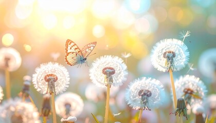 Panoramic spring meadow with white fluffy dandelions and a fluttering butterfly. Close-up view with shallow depth of field, soft bokeh, and warm sunlight creating a fresh spring mood.
