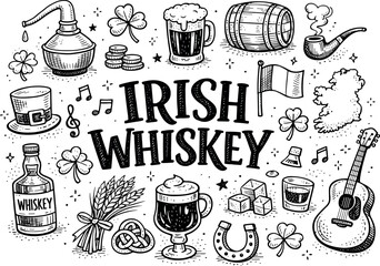 Image Generation. Irish national spirit hand drawn doodle elements set, center hand-lettered title, black & white vector line art,